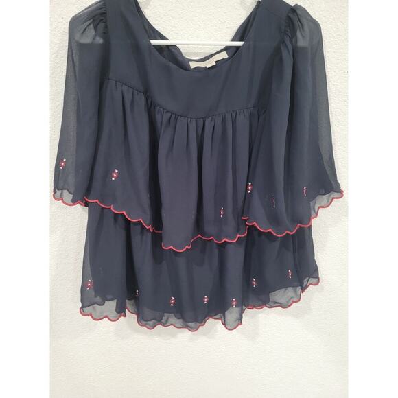 Loft Embroidered Navy Blue Shirt Blouse with Ruffles‎ Women's size Small #10 - Picture 1 of 4